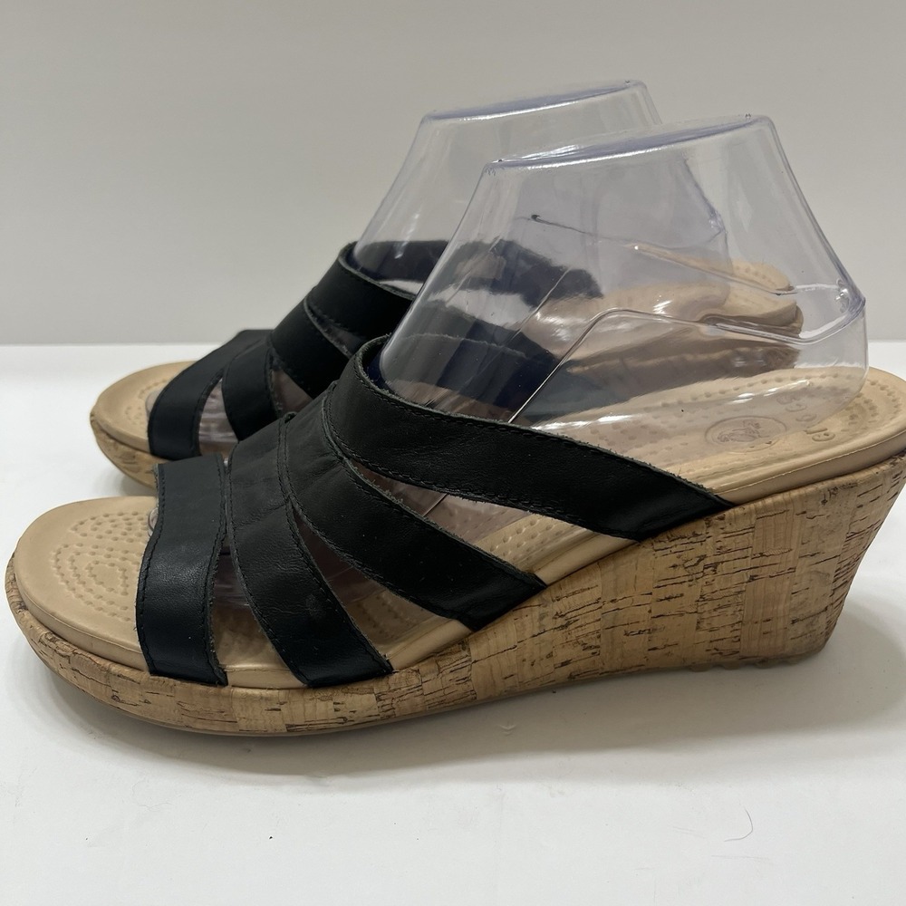 Crocs A Leigh Wedge Cork Sandals Strappy Black Women's 10